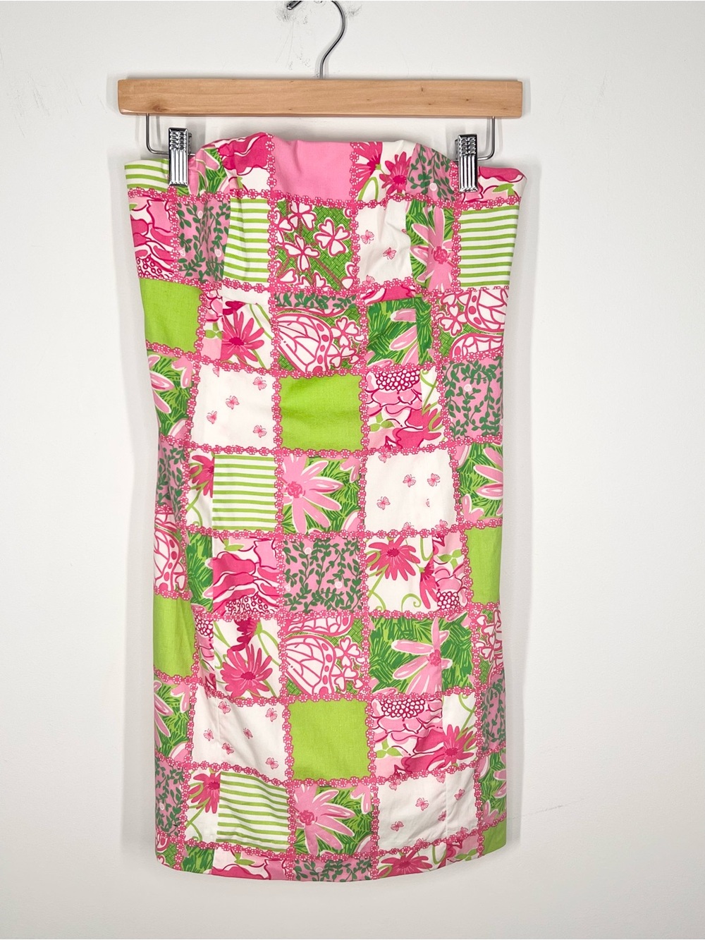 Lilly Pulitzer Strapless Patchwork Dress Tie Back Floral Butterfly Green/Pink 2